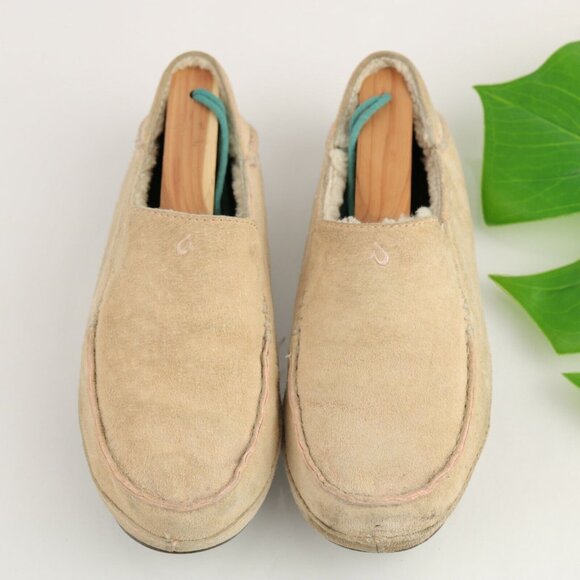 OluKai Womens Nohea Slip On Shoe Size 5 Tan Suede Sherpa Slipper Wool Shearling - Picture 11 of 12